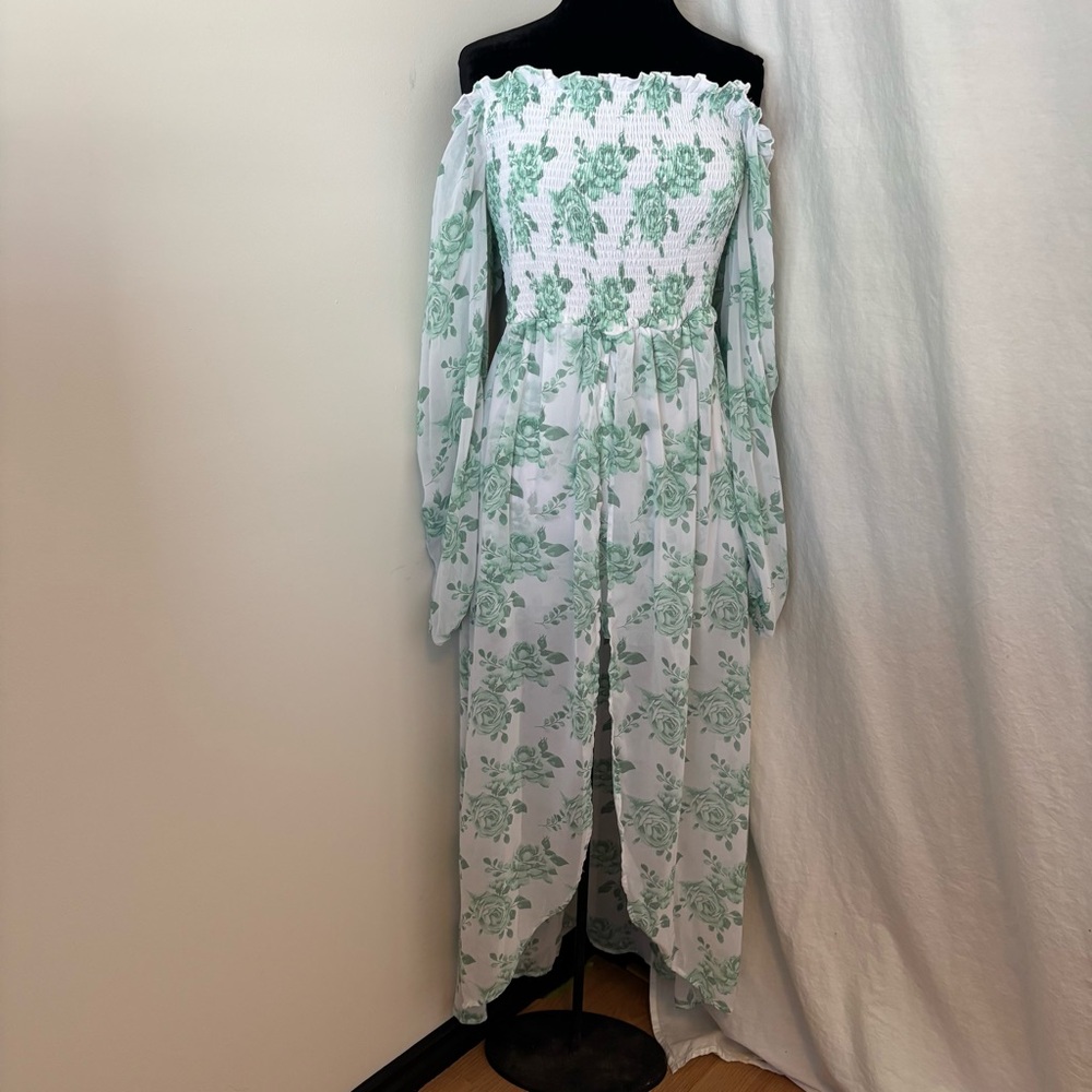 Green Floral Maxi Romper Dress Smocked Bodice Sheer Sleeves Prairie Cottagecore